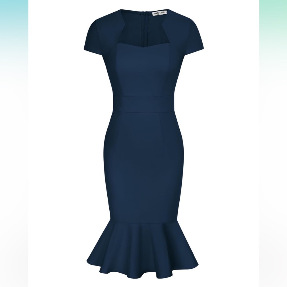 NWT Grace Karin Navy Sexy Cap Sleeve Fishtail Midi Body-con Dress